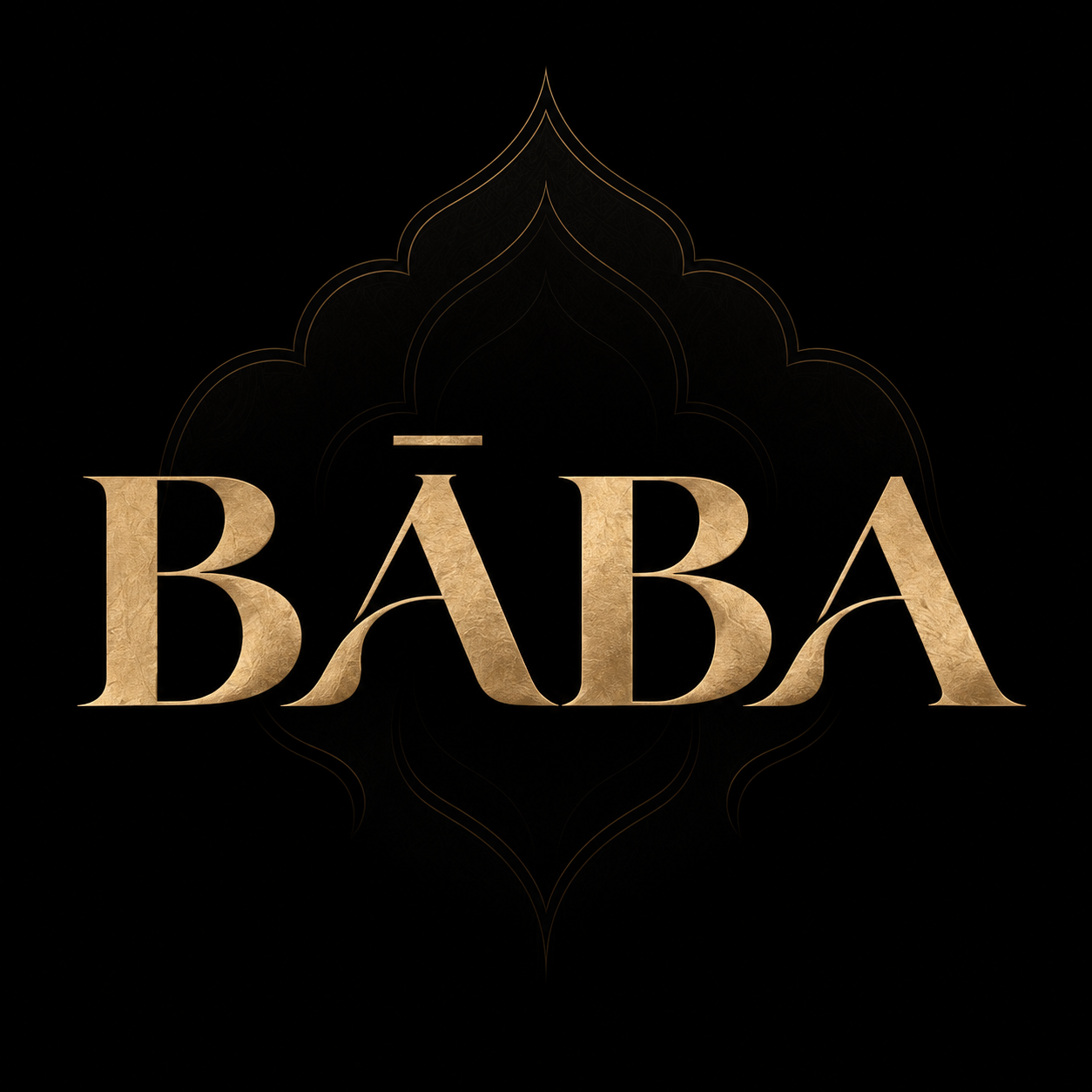 BĀBA champagne-gold wordmark with a subtle Thai-inspired motif